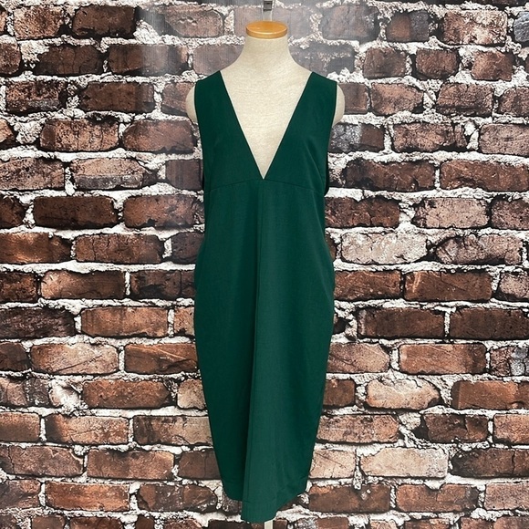 Simple Retro Dress Womens Large Green V-Neck Midi Sleeveless Open Back - Picture 5 of 17